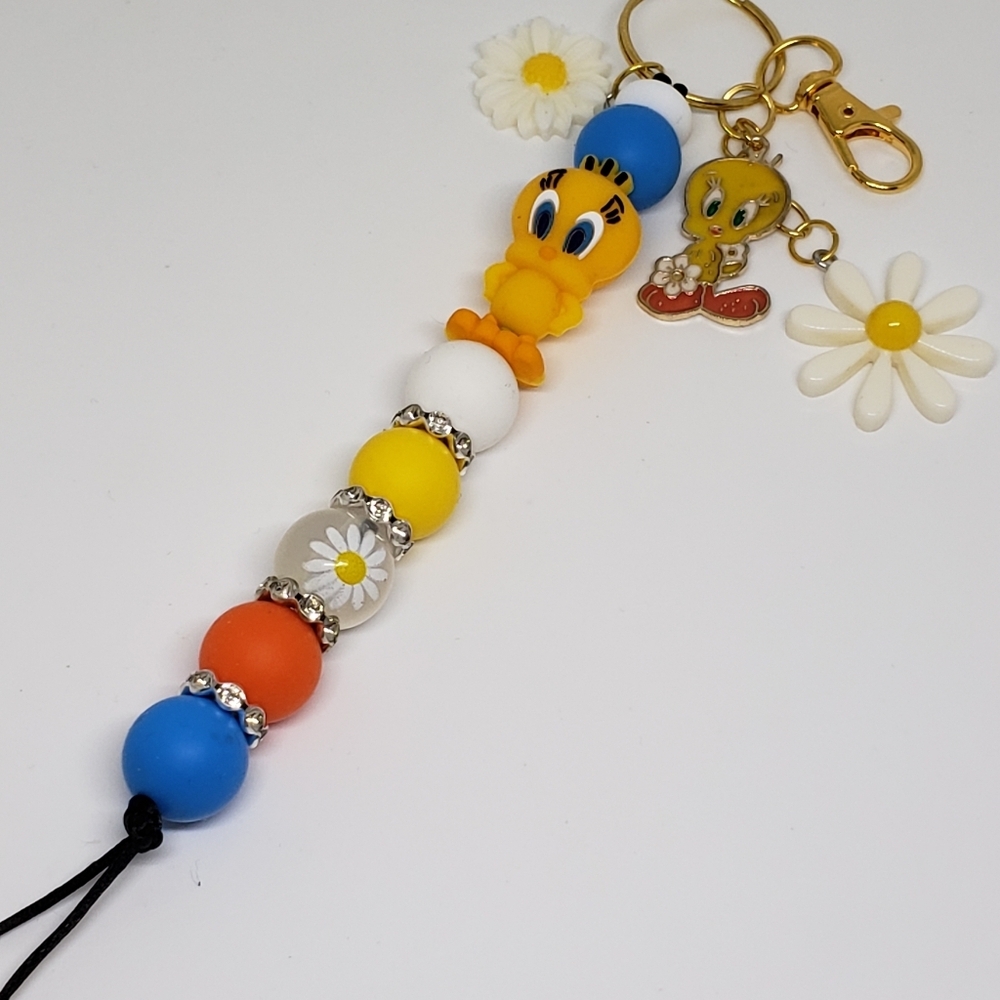Handmade 3d Silicone Focal Beaded Daisy Flower Tweety Bird Keychain